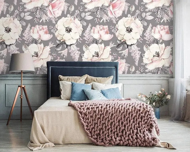 Gray and Blush Oversized Flowers Wallpaper