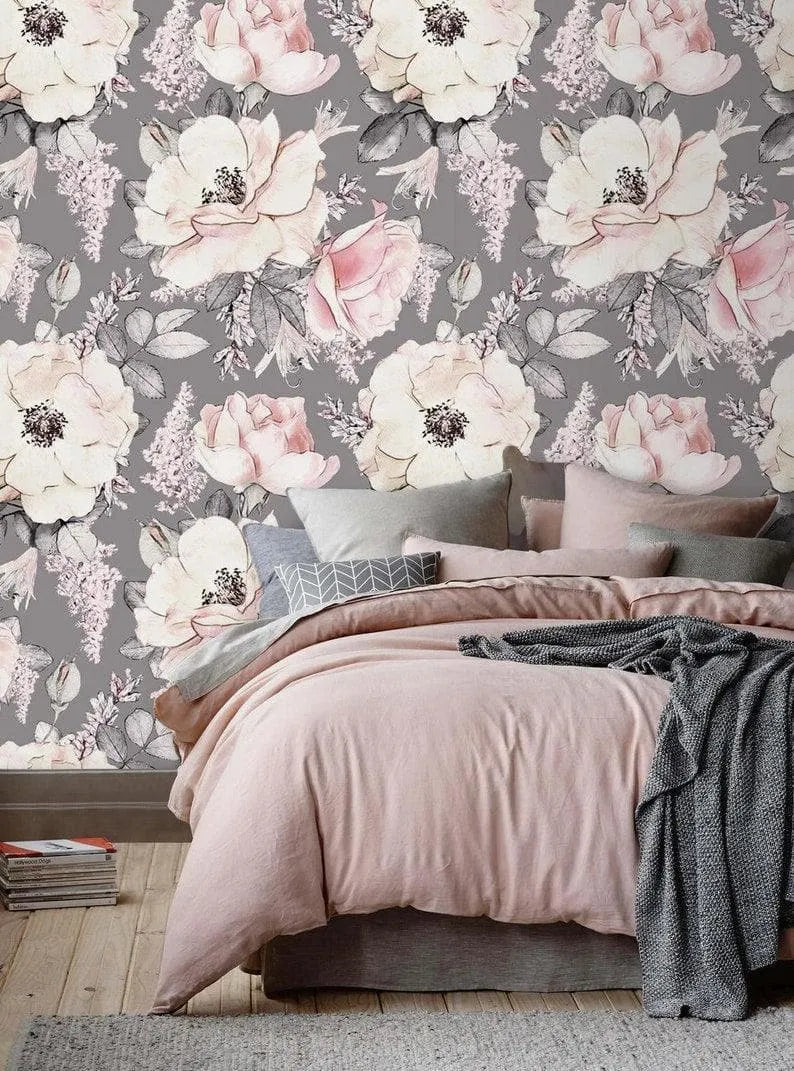 Gray and Blush Oversized Flowers Wallpaper