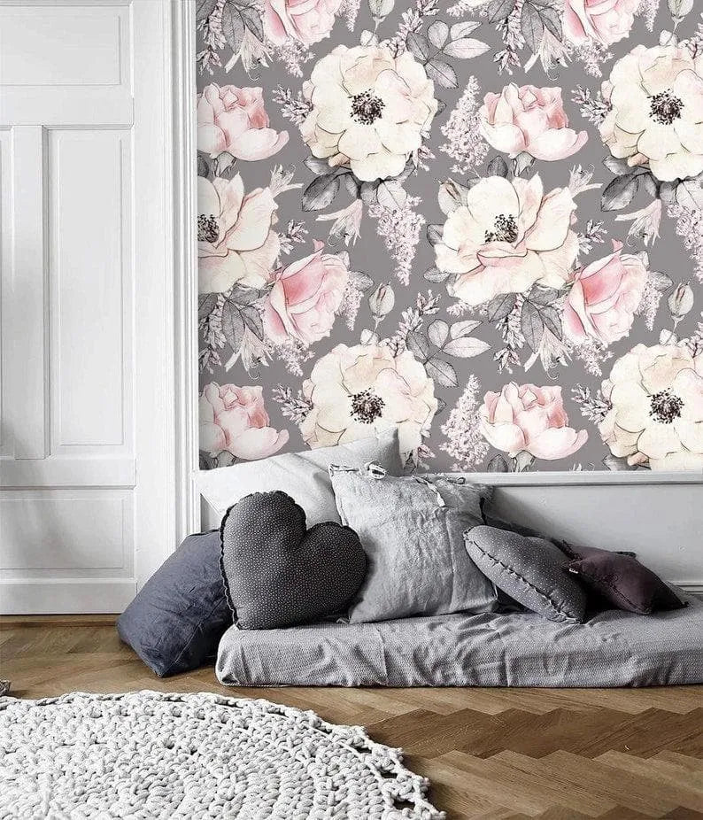 Gray and Blush Oversized Flowers Wallpaper