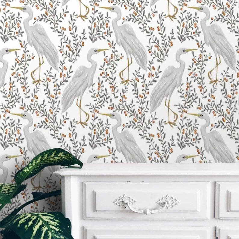 Gray Cranes Floral Wallpaper 