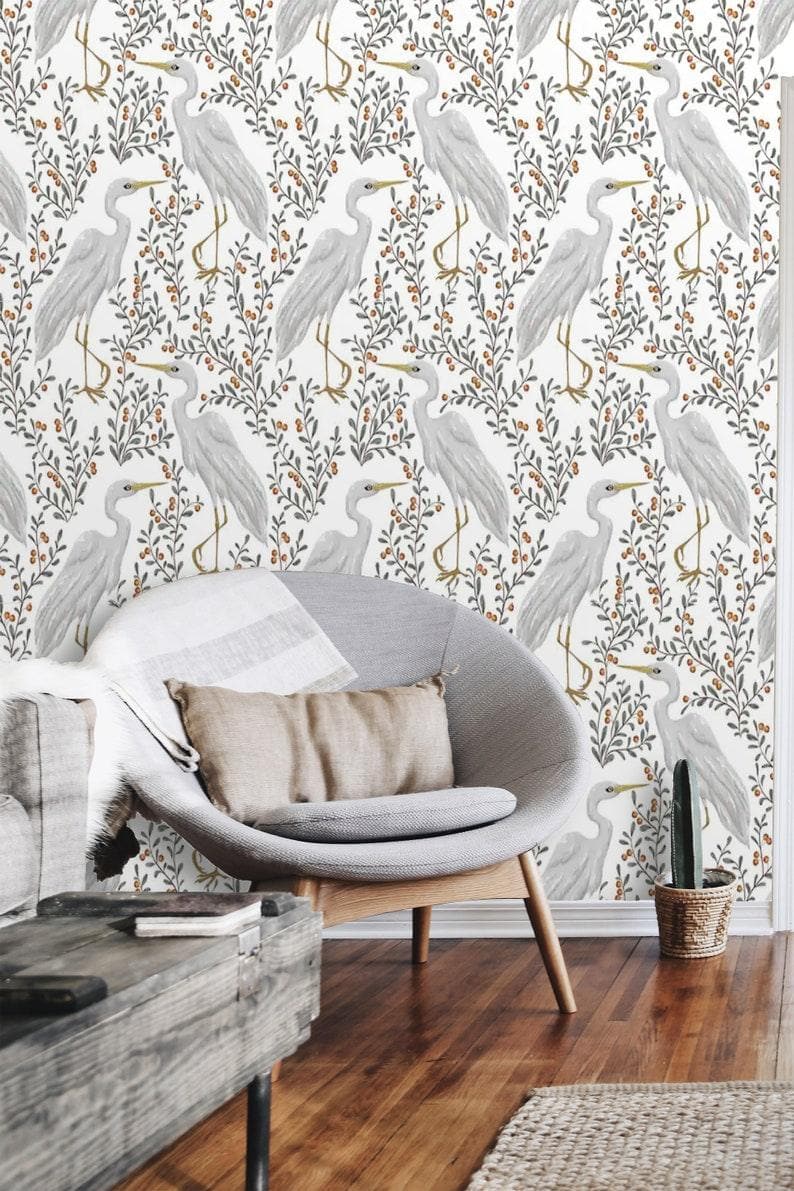Gray Cranes Floral Wallpaper 