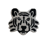 Stylish hand tufted area rug in the shape of a lion's face, featuring bold black and white stripes. Perfect for adding a contemporary touch to your office or living room. This unique wool rug is ideal as a living room area rug, suitable for spaces 8x10 or larger.