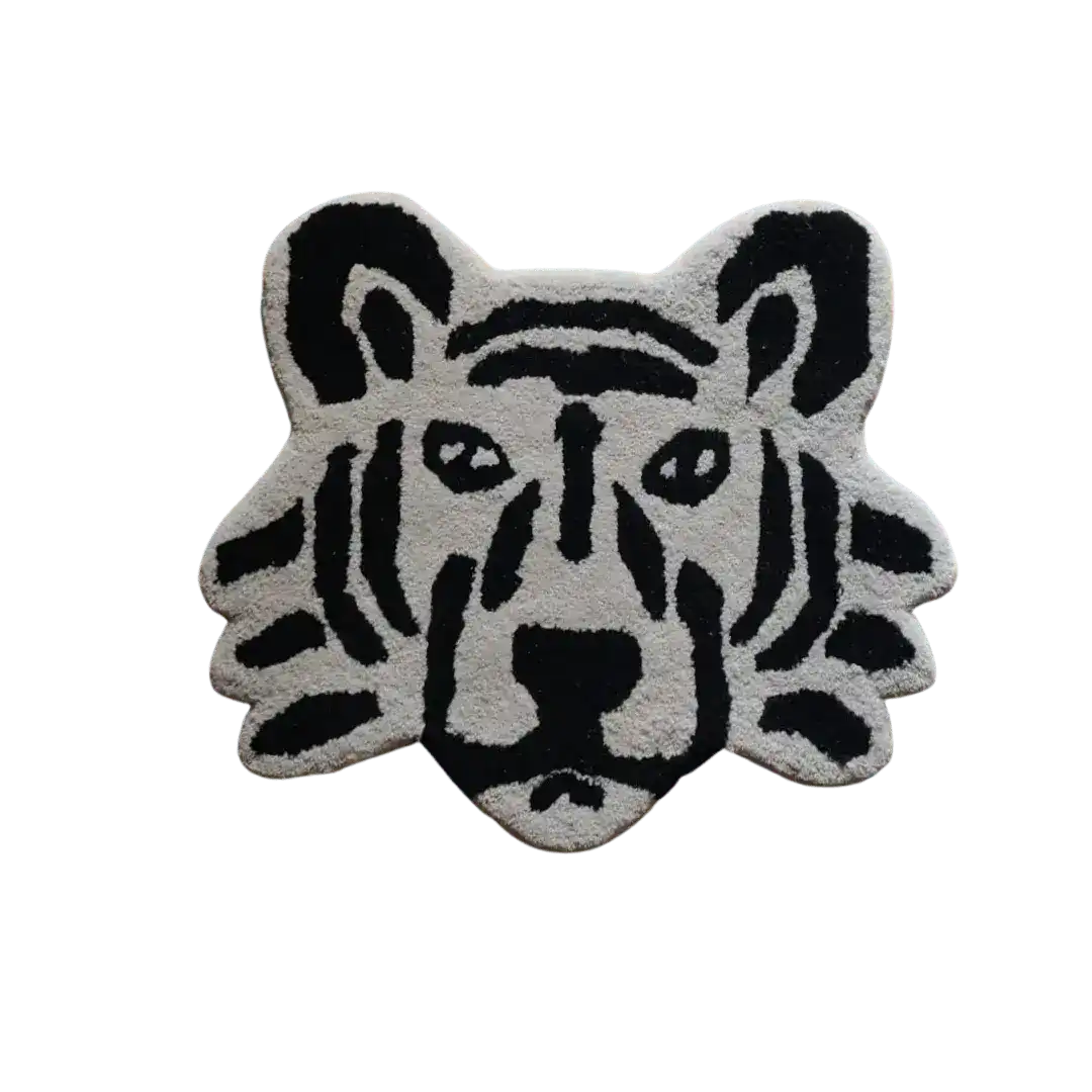 Stylish hand tufted area rug in the shape of a lion's face, featuring bold black and white stripes. Perfect for adding a contemporary touch to your office or living room. This unique wool rug is ideal as a living room area rug, suitable for spaces 8x10 or larger.