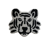 Stylish hand tufted area rug in the shape of a lion's face, featuring bold black and white stripes. Perfect for adding a contemporary touch to your office or living room. This unique wool rug is ideal as a living room area rug, suitable for spaces 8x10 or larger.