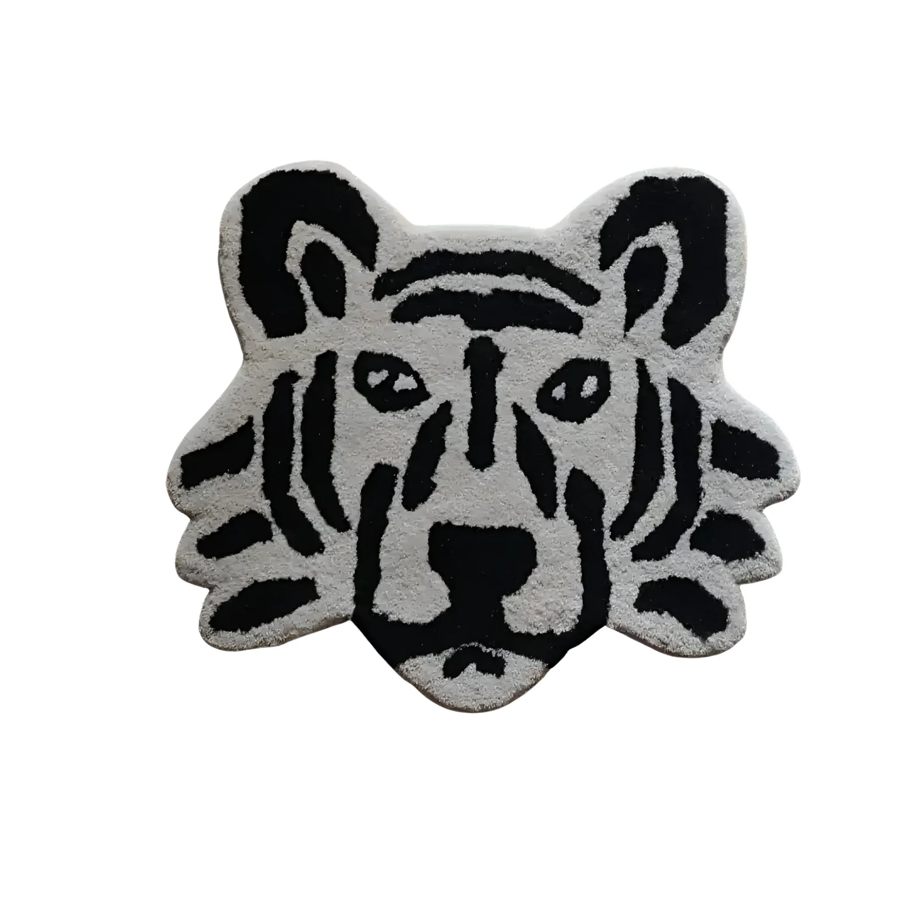 Stylish hand tufted area rug in the shape of a lion's face, featuring bold black and white stripes. Perfect for adding a contemporary touch to your office or living room. This unique wool rug is ideal as a living room area rug, suitable for spaces 8x10 or larger.