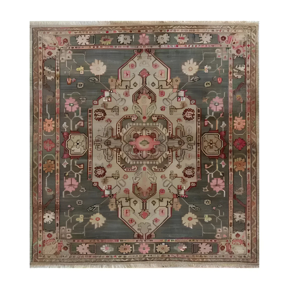 Elegant hand-knotted area rug featuring a vintage Persian design with intricate floral patterns in muted tones. Perfect for adding a touch of sophistication to large living rooms, this stunning gray medallion rug exudes timeless elegance.