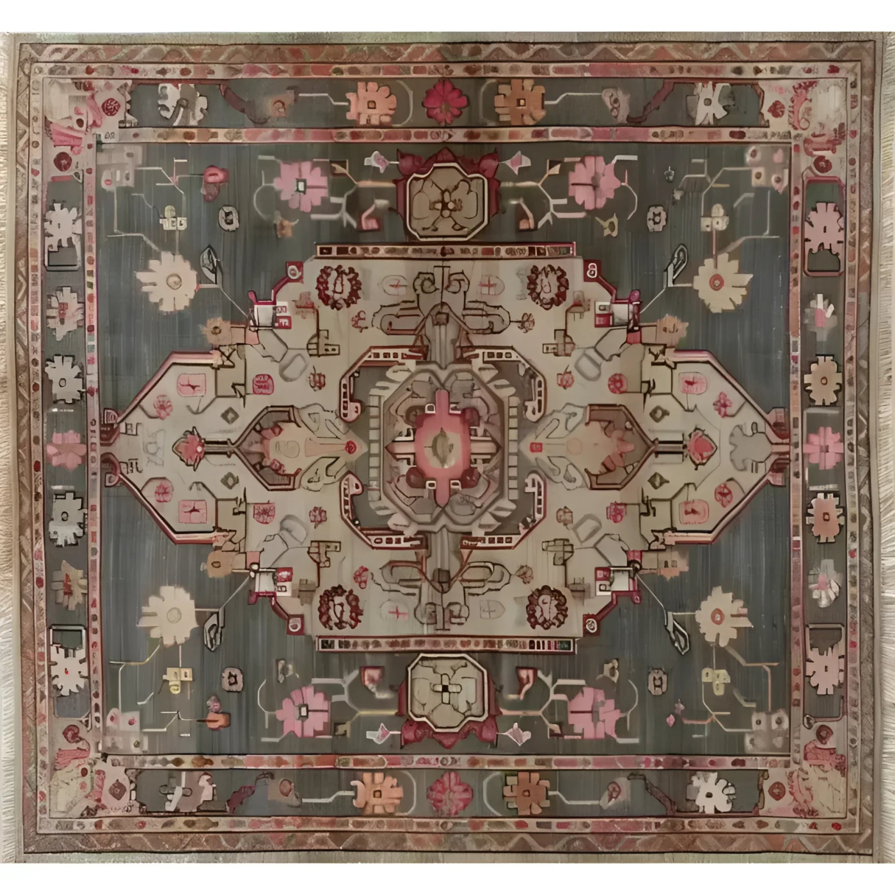 Elegant Gray Medallion Area Rug with intricate floral patterns, perfect for large living rooms. This vintage-inspired Persian rug showcases a beautiful blend of colors and traditional design, adding a touch of sophistication to any space.