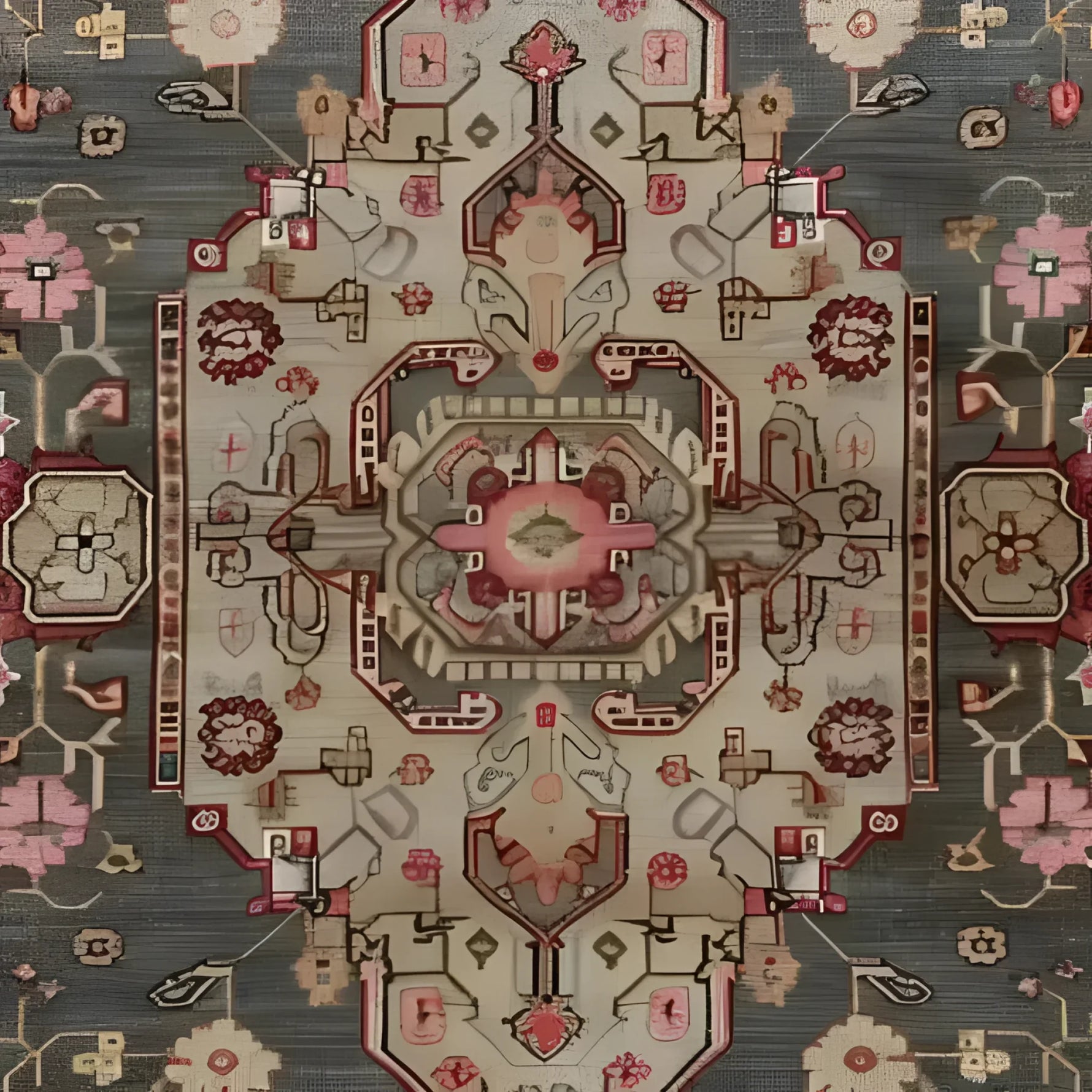 Close-up view of the Gray Medallion Elegance Hand Knotted Area Rug, showcasing intricate floral and vintage Persian-inspired patterns. Perfect for adding a touch of sophistication to large living rooms, this rug features a harmonious blend of colors and detailed medallion design.