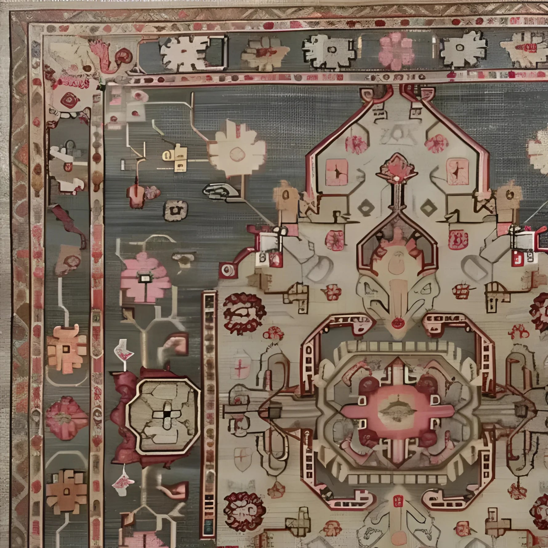 Close-up view of a Gray Medallion Elegance Hand Knotted Area Rug showcasing intricate floral patterns and vintage Persian designs. Ideal for large living rooms, this elegant rug features a harmonious blend of earthy tones and detailed craftsmanship, perfect for adding a classic touch to any space.