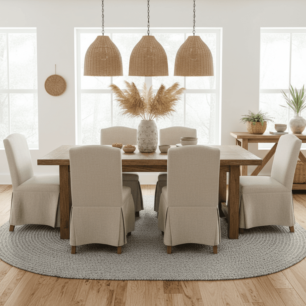Dining room with wooden table and beige chairs, large windows, gray jute rug, and decorative elements.