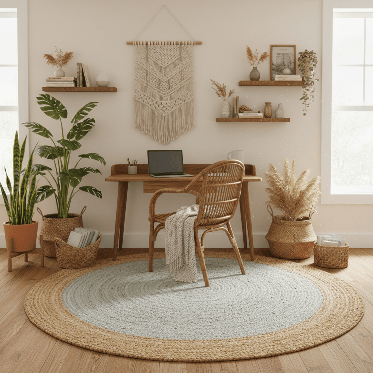 Home office with a desk, chair, jute rug, and decorative elements in a bright room.