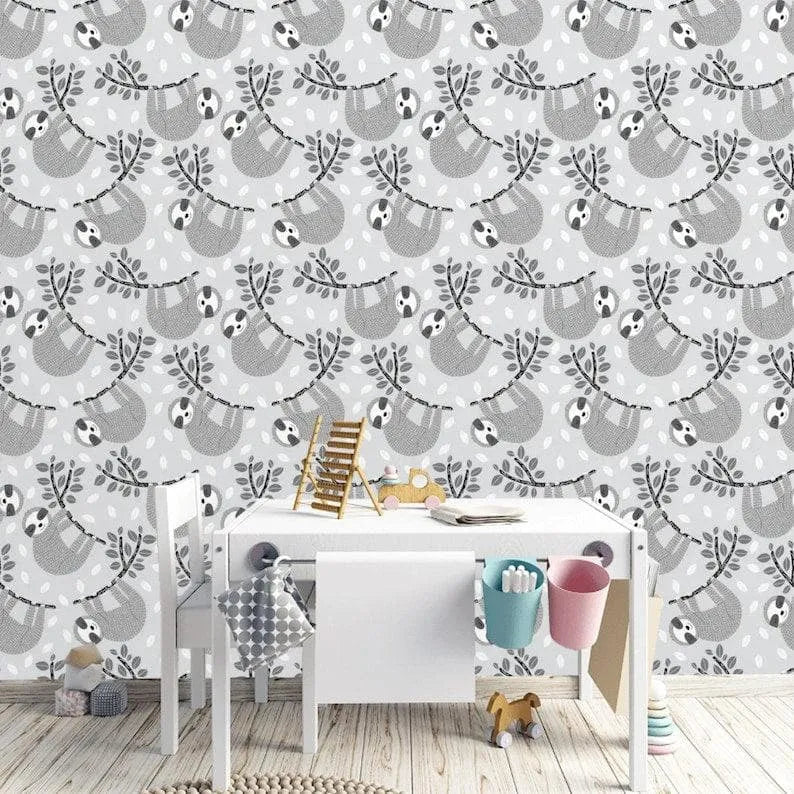 Gray Sloth Nursery Wallpaper