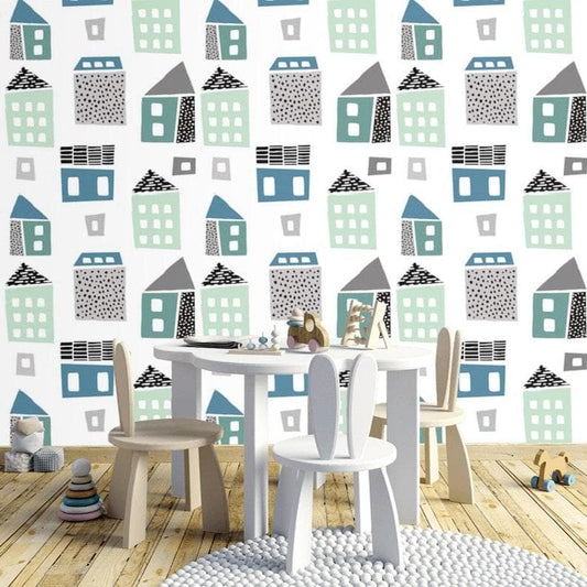 green and Blue Urban City Building Nursery Wallpaper 