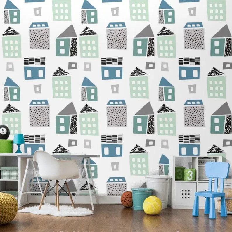 green and Blue Urban City Building Nursery Wallpaper