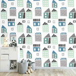 green and Blue Urban City Building Nursery Wallpaper