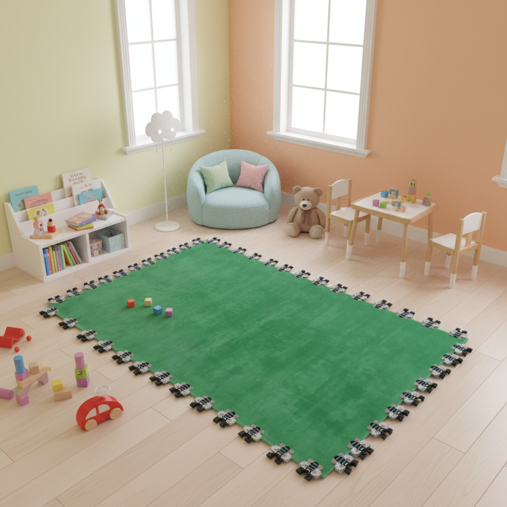 A vibrant Green Bees Love Hand Tufted Wool Rug, perfect for adding a touch of nature to your living room or bedroom. This area rug features a lush green field with intricate bee designs along the edges, offering a unique blend of style and comfort for your home.