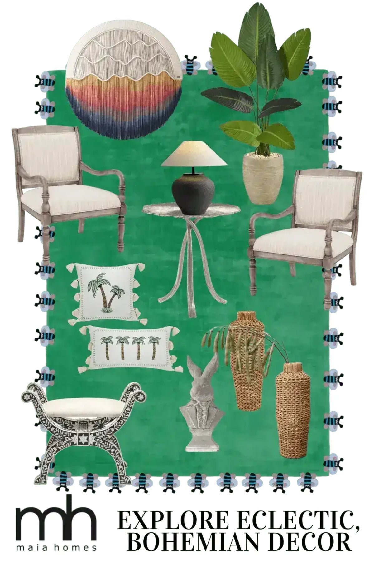 A vibrant and eclectic Green Bees Love Hand Tufted Wool Rug, perfect for adding a pop of color to your living room or bedroom. This area rug features playful bee motifs along the border, surrounded by various bohemian decor elements like chairs, a lamp, and potted plants, creating a cozy and inviting atmosphere ideal for any space in your home.