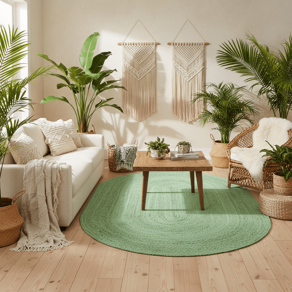 Living room with a green rug, white sofa, wooden coffee table, and plants.