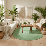 Living room with a green rug, white sofa, wooden coffee table, and plants.