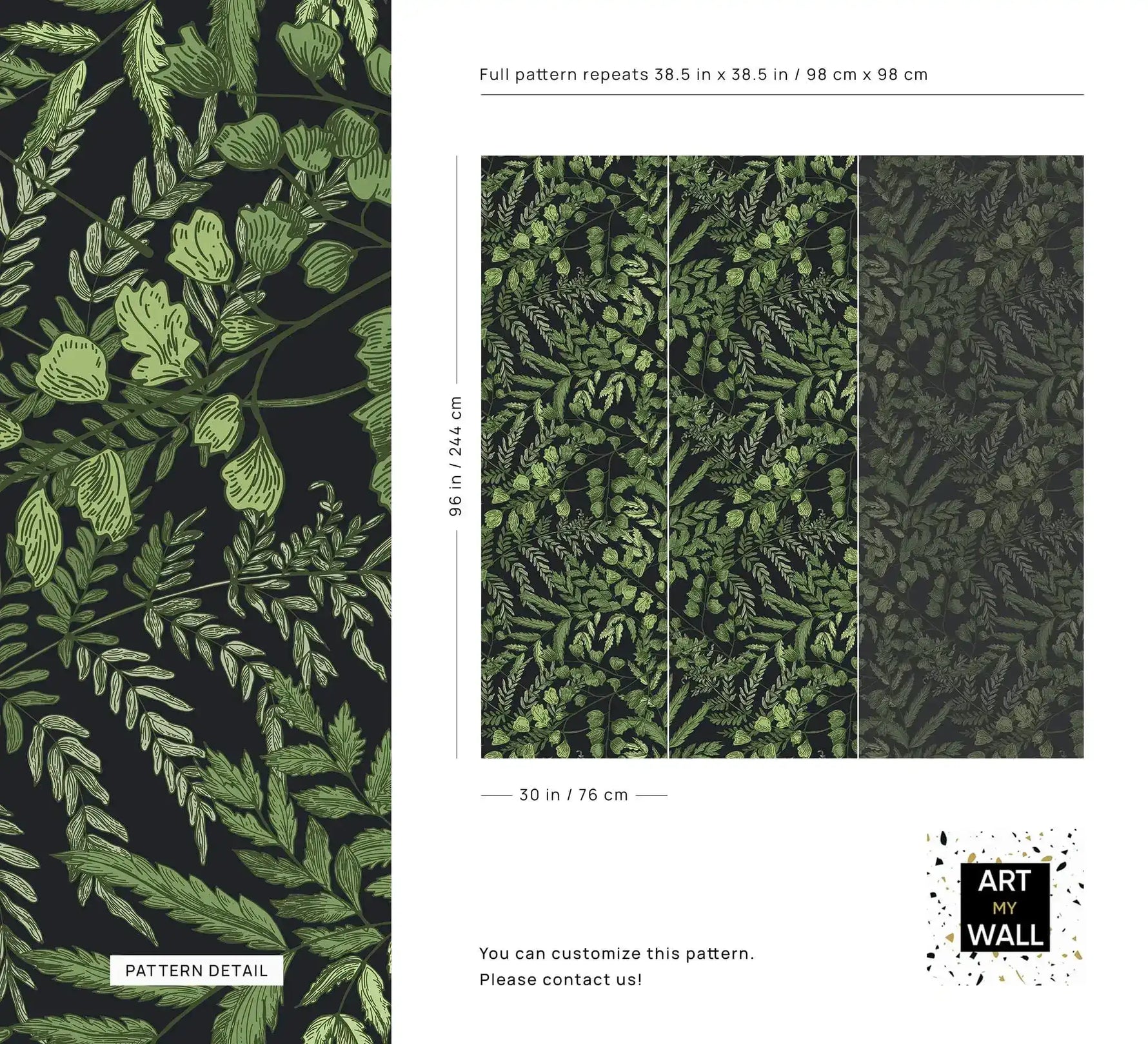 Green fern foliage wallpaper detail and pattern repeat swatch on dark ground with size dimensions