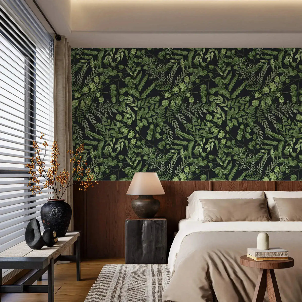 Green fern foliage wallpaper on dark ground above wood paneling in a calm neutral bedroom