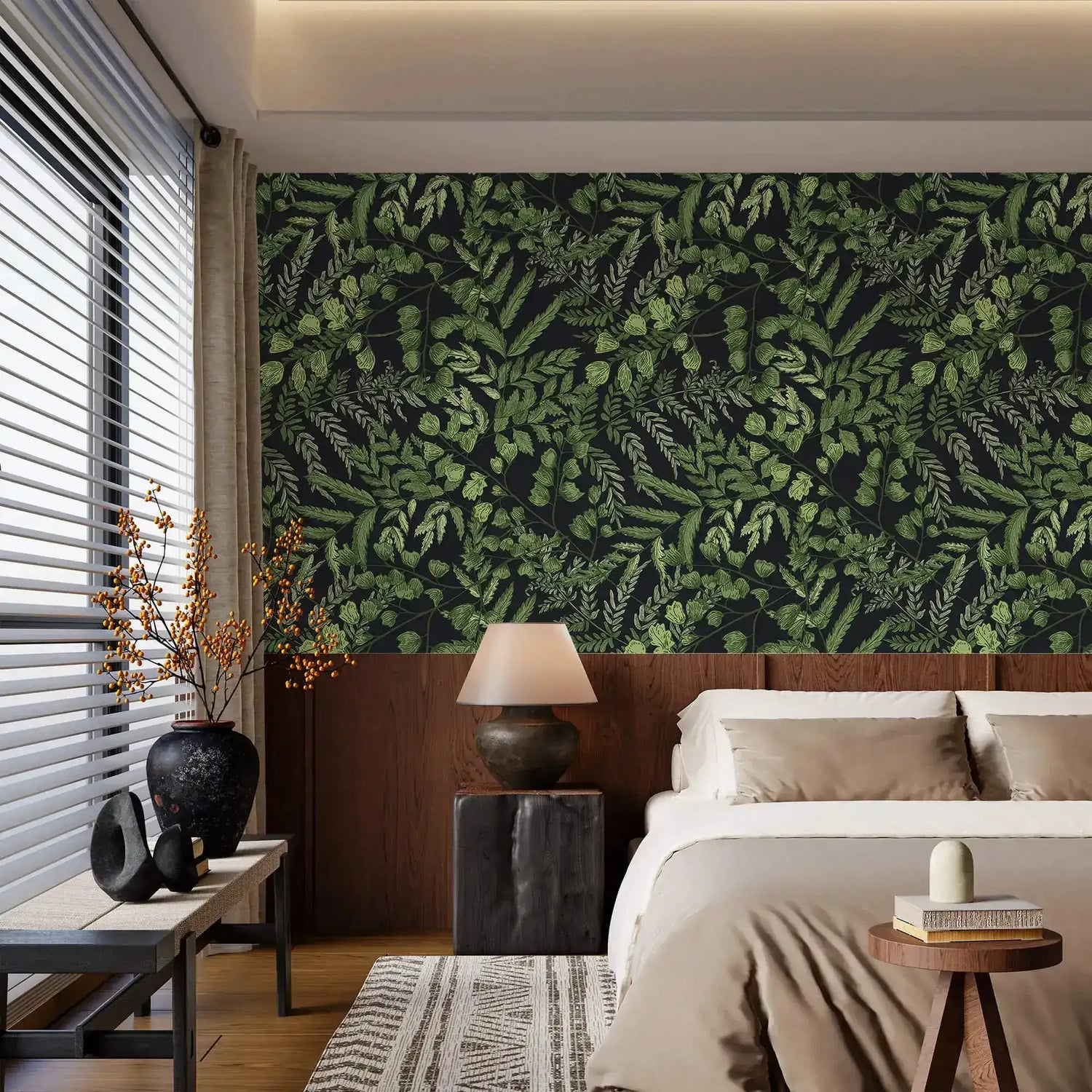 Green fern foliage wallpaper on dark ground above wood paneling in a calm neutral bedroom