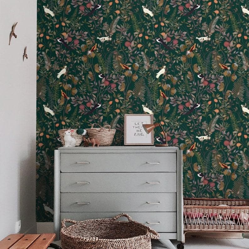 Green Flowers and Exotic Birds Watercolor Wallpaper - MAIA HOMES