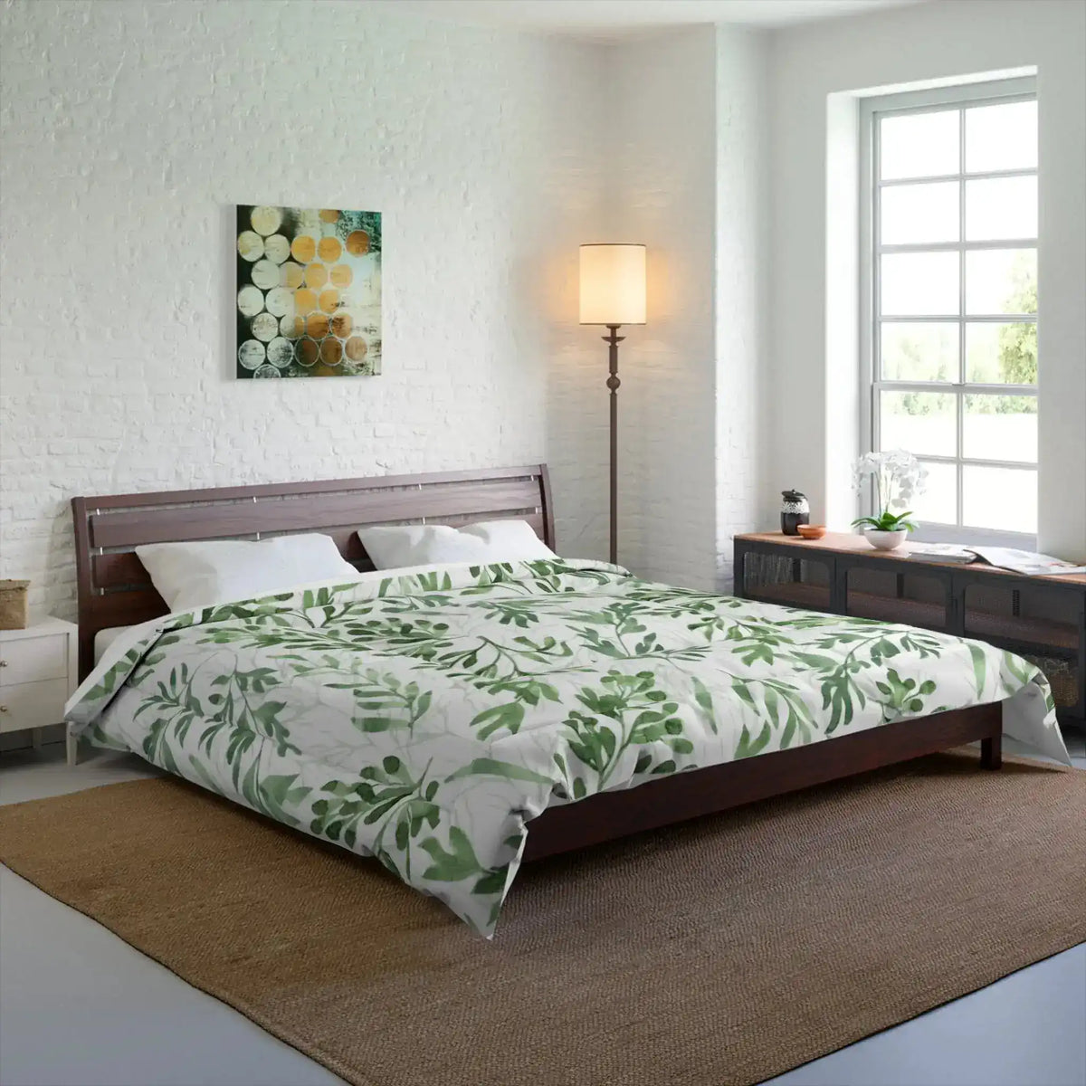 Green Foliage Comforter with scattered green leaf print on a dark walnut bed in a bright minimalist bedroom