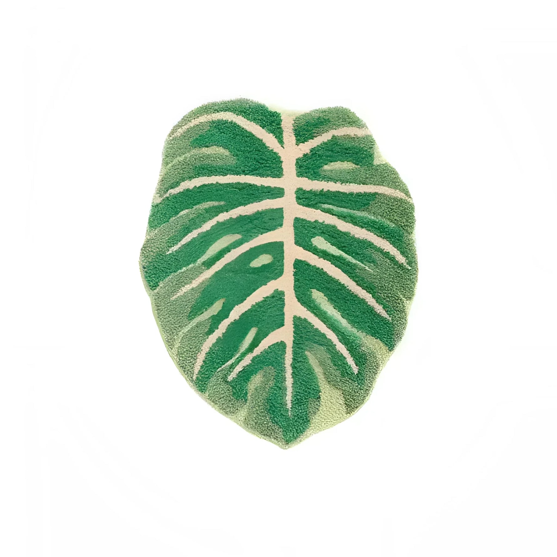 A vibrant green leaf-shaped decorative bathroom mat made from soft cotton, ideal as a runner rug in the kitchen or hallway. The intricate design resembles a tropical leaf, adding a refreshing touch to any bathroom decor.