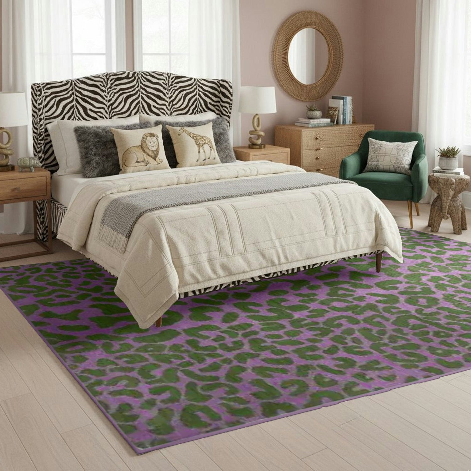 Bedroom with a zebra-patterned headboard, patterned rug, and green chair.