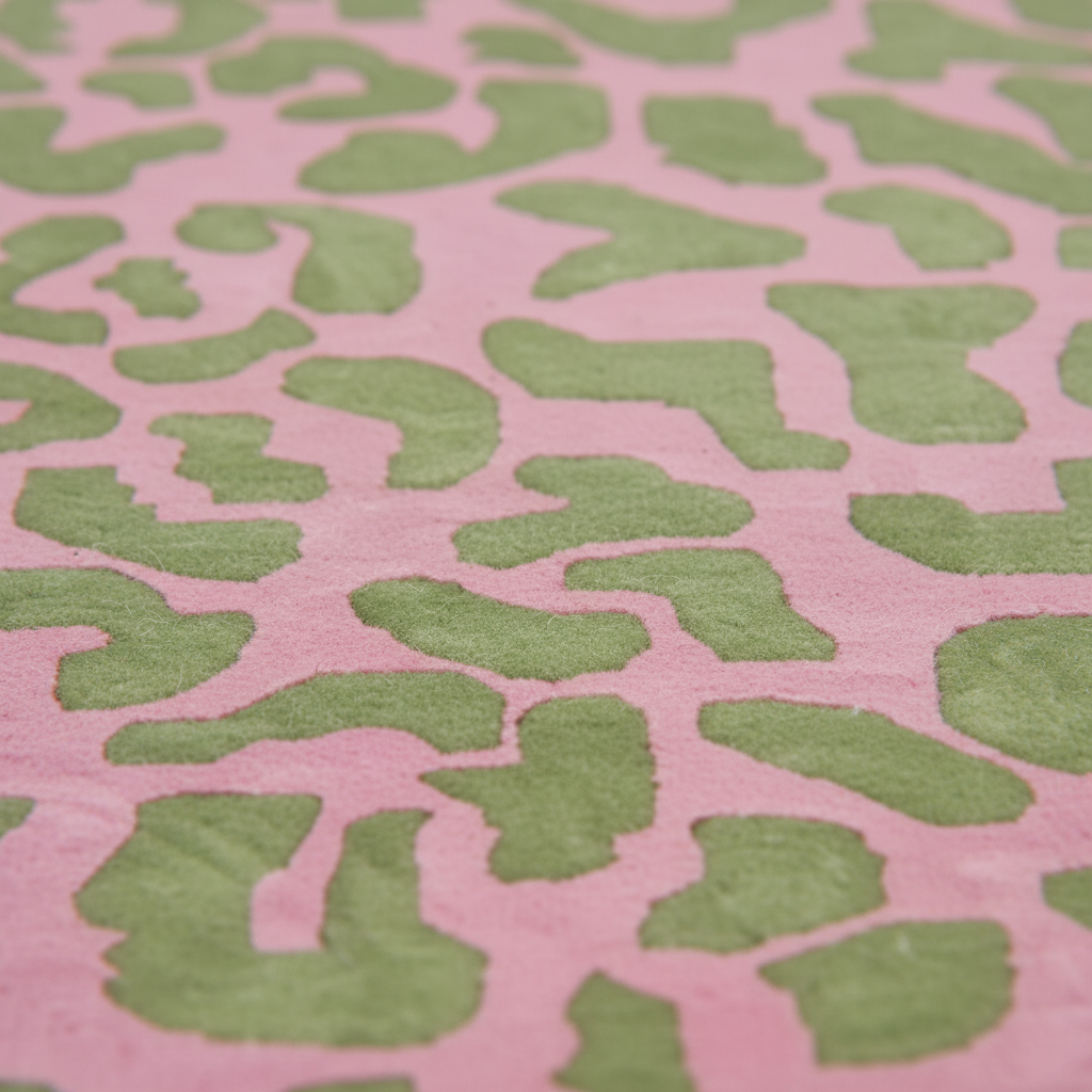 Pink close up tufted rug shot with green leaf pattern