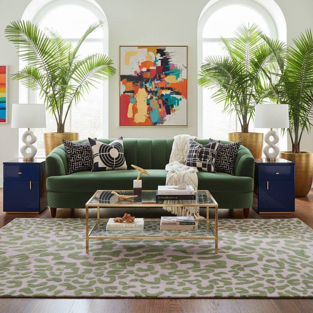 Living room with a green sofa, glass coffee table, and decorative elements.