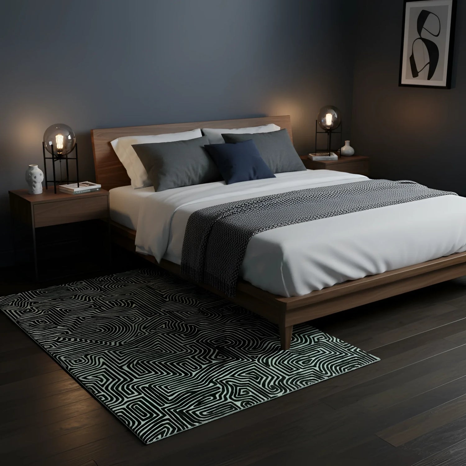 contemporary bed room with geometric rug