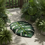 A beautifully hand-tufted wool rug in the shape of a green monstera leaf, perfect for adding a touch of nature-inspired elegance to any dining room or living room. This area rug is ideal for those seeking formal dining room rugs or living room rugs in an 8x10 size.