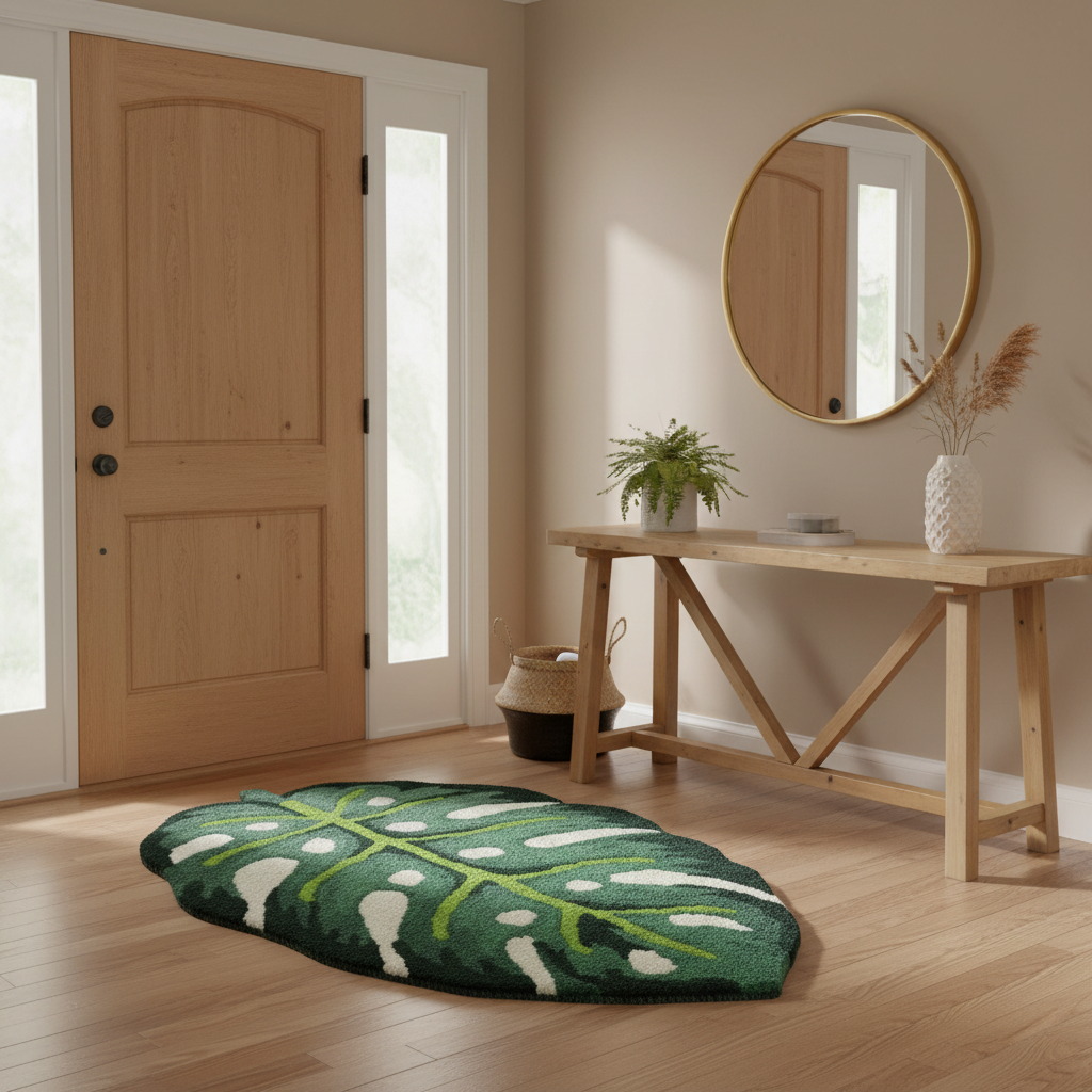 Green monstera leaf-shaped tufted wool accent rug on light hardwood in a neutral entryway by a front door