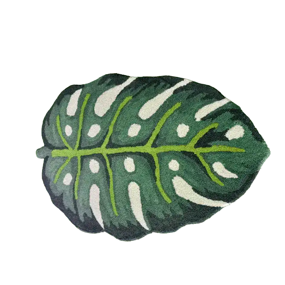 Green Monstera Leaf Shaped Accent Hand Tufted Wool Rug featuring a lush design, ideal for adding a touch of nature to your dining room or enhancing the warmth of your living room. Perfect for formal dining room rugs and living room rugs 8x10, this area rug combines style with the comfort of wool.