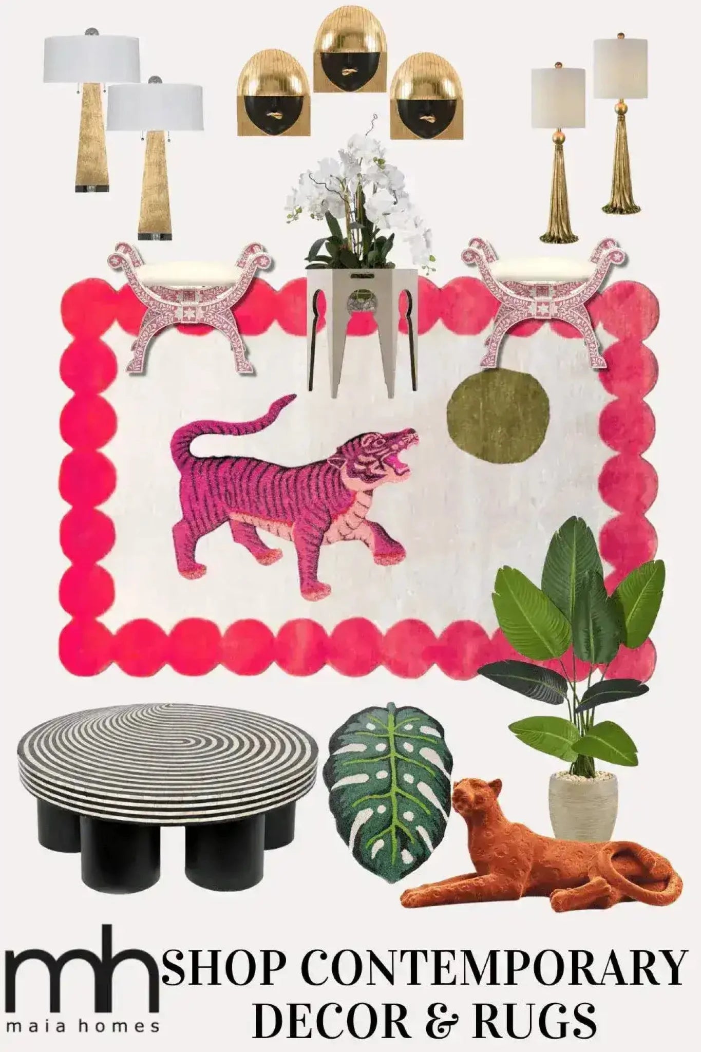 Stylish area rug with a bold, abstract design featuring a pink tiger, perfect for adding a touch of luxury to your dining room or living room. This hand-tufted wool rug showcases vibrant colors and a unique pattern, making it an ideal choice for formal dining room rugs and living room rugs 8x10. Accented with contemporary decor, the image highlights how this wool rug can transform your space into a modern haven.