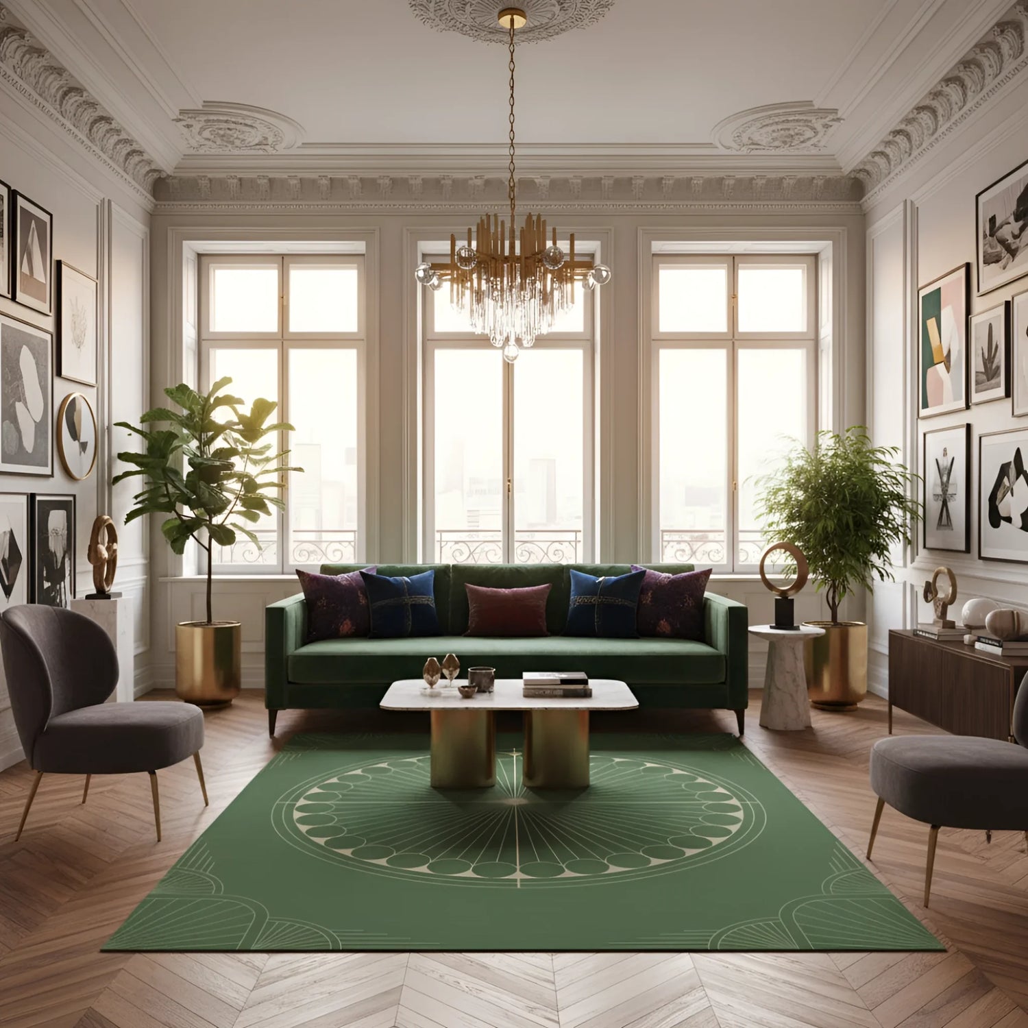Modern living room with a green sofa, rug, and decorative elements.