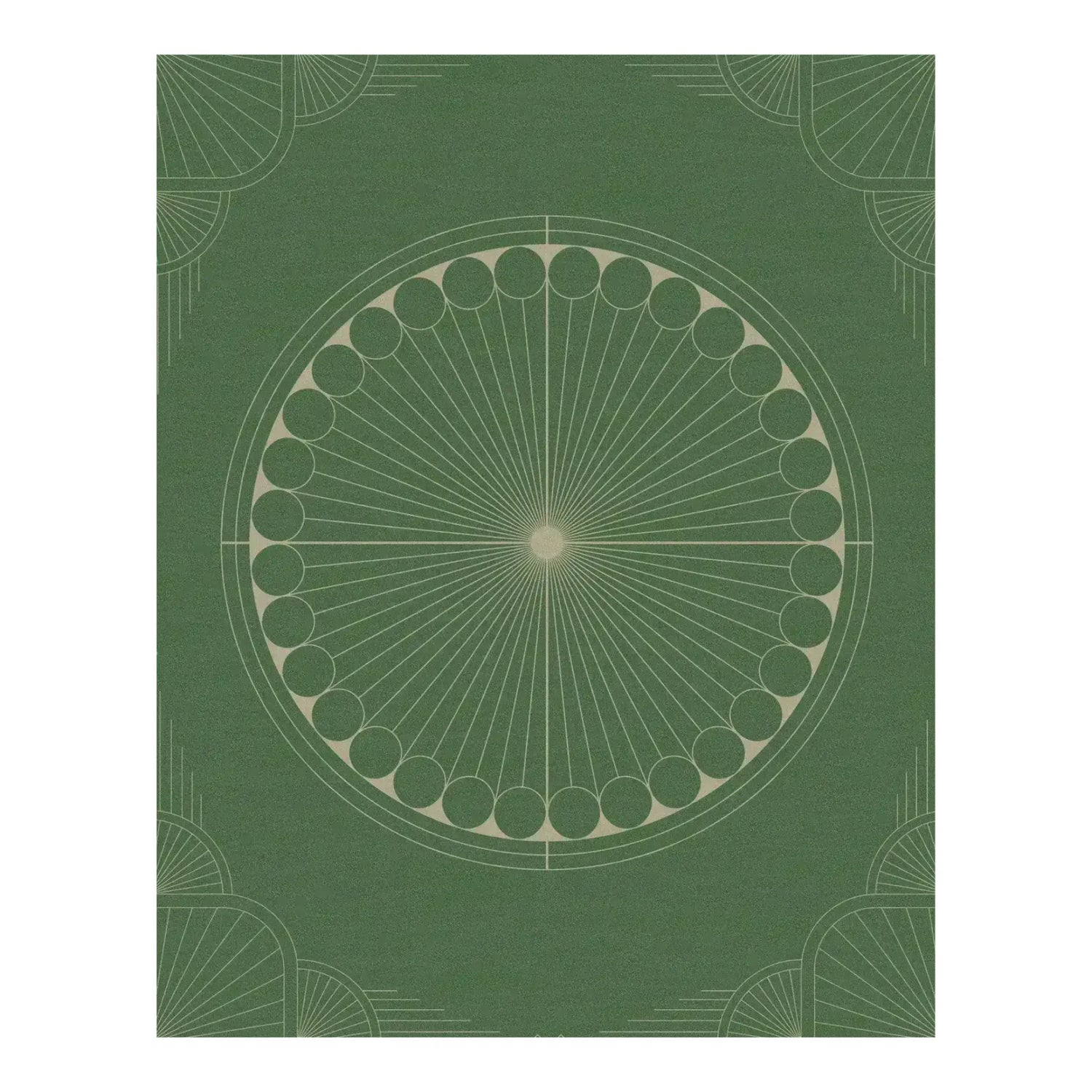 A stylish Green Moon Art Deco hand tufted wool rug, perfect for enhancing any living room. This area rug features a striking geometric pattern with a circular design, adding a touch of sophistication to your space.