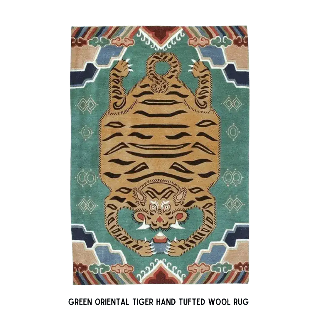 A vibrant Green Oriental Tiger Hand Tufted Wool Rug, perfect for adding a bold statement to any living room. This large area rug features an abstract tiger design in the center, surrounded by intricate patterns with rich colors, embodying a blend of traditional and contemporary styles. Ideal for those seeking unique wool rugs for the living room.