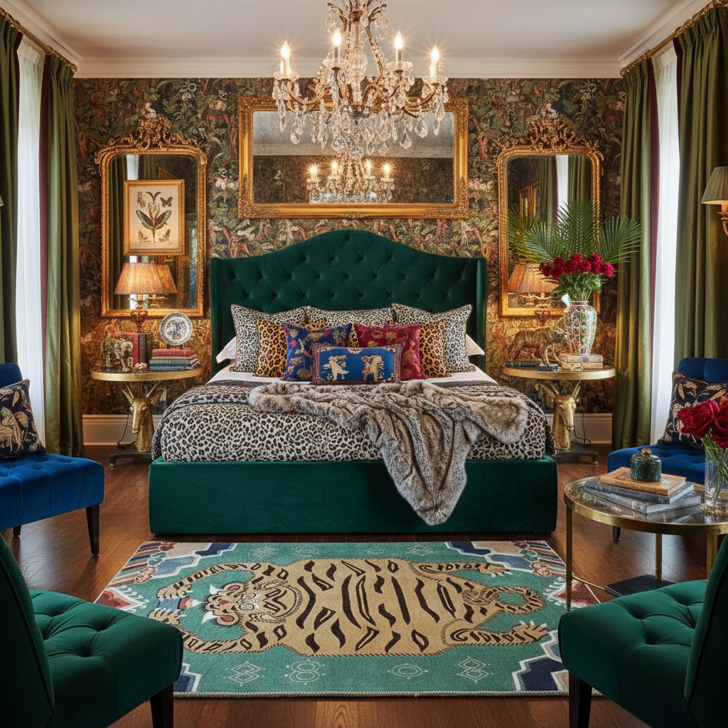 Luxurious bedroom with green upholstered bed, patterned rug, and ornate decor.