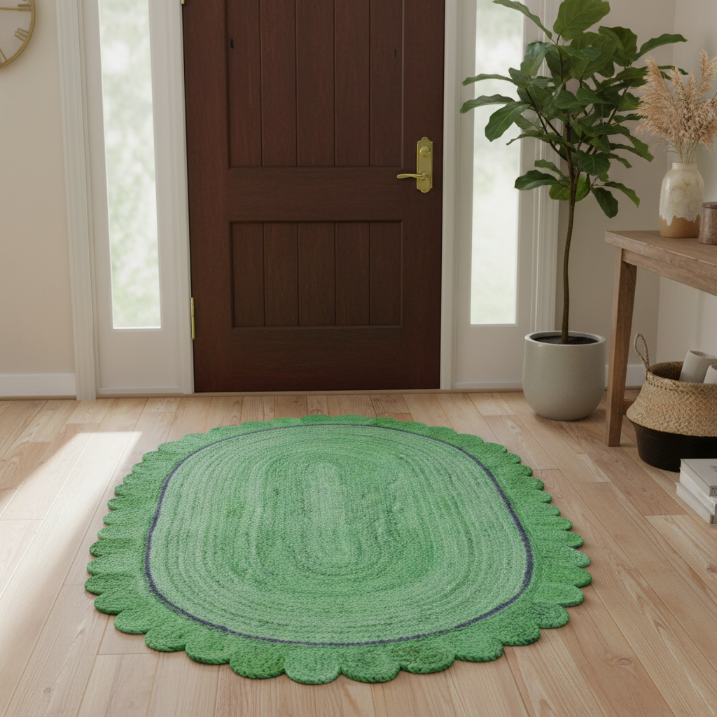 Green Scalloped Oval Jute Rug