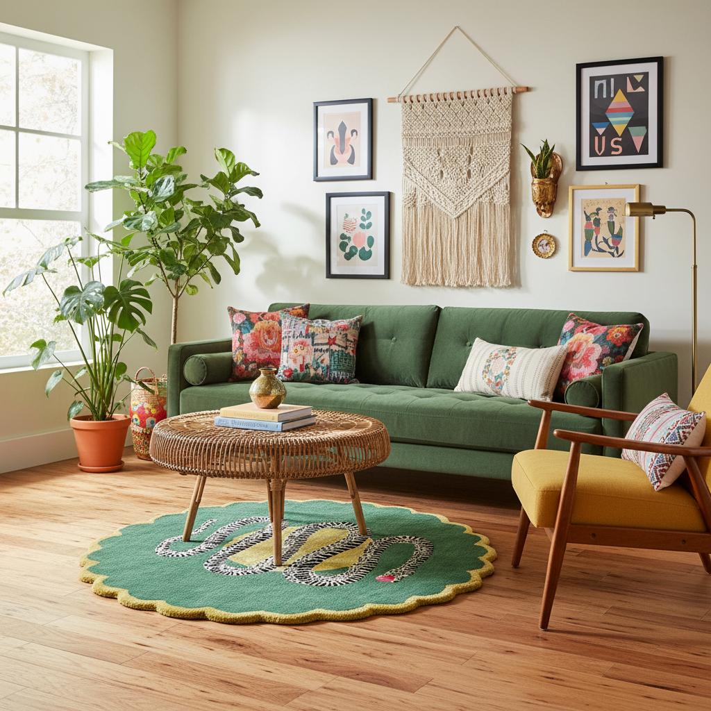 Green snake rug under a rattan table by a sage sofa in a boho living room