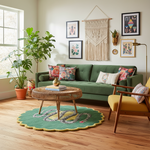 Green snake rug under a rattan table by a sage sofa in a boho living room