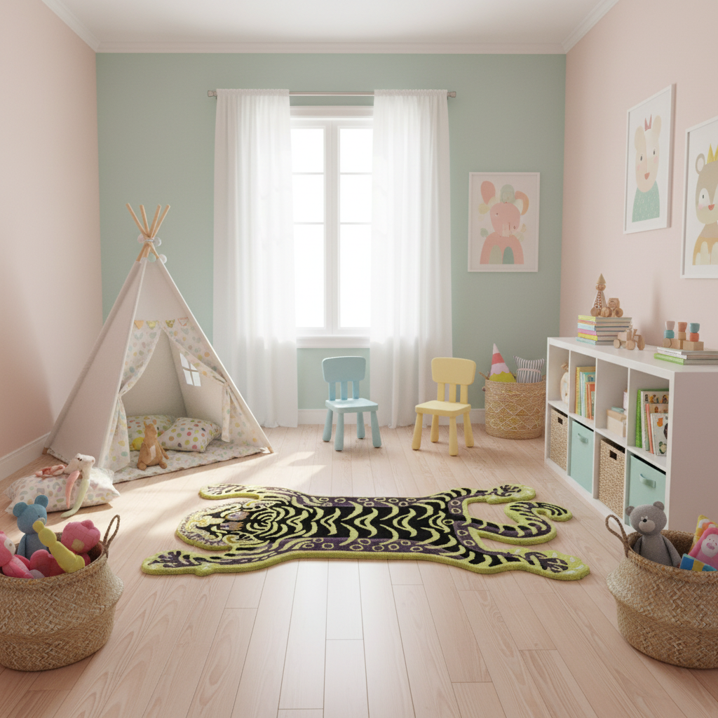 Green Tibetan Tiger Accent Hand Tufted Wool Rug