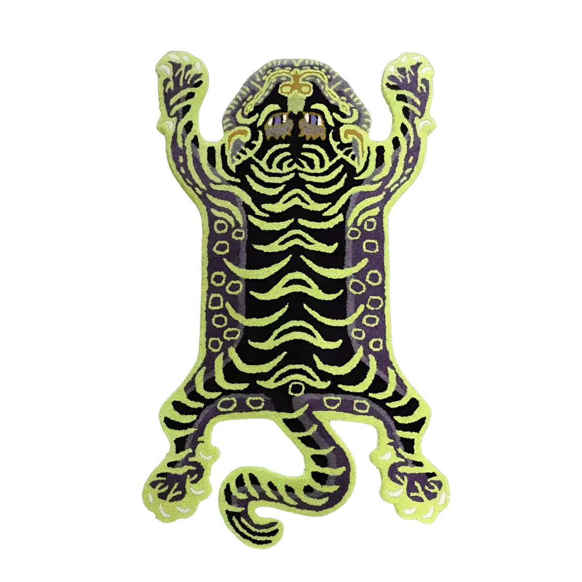 Top view of a unique Green Tibetan Tiger Accent Hand Tufted Wool Rug, perfect for adding a vintage touch to your bedroom or living room. This area rug features an abstract tiger design in vibrant colors, making it an ideal choice for those looking to enhance their space with stylish wool rugs. Suitable for both area rugs for living room and bedroom settings.