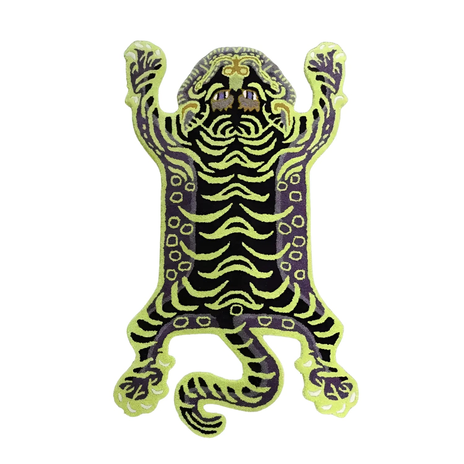 Top view of a unique Green Tibetan Tiger Accent Hand Tufted Wool Rug, perfect for adding a vintage touch to your bedroom or living room. This area rug features an abstract tiger design in vibrant colors, making it an ideal choice for those looking to enhance their space with stylish wool rugs. Suitable for both area rugs for living room and bedroom settings.