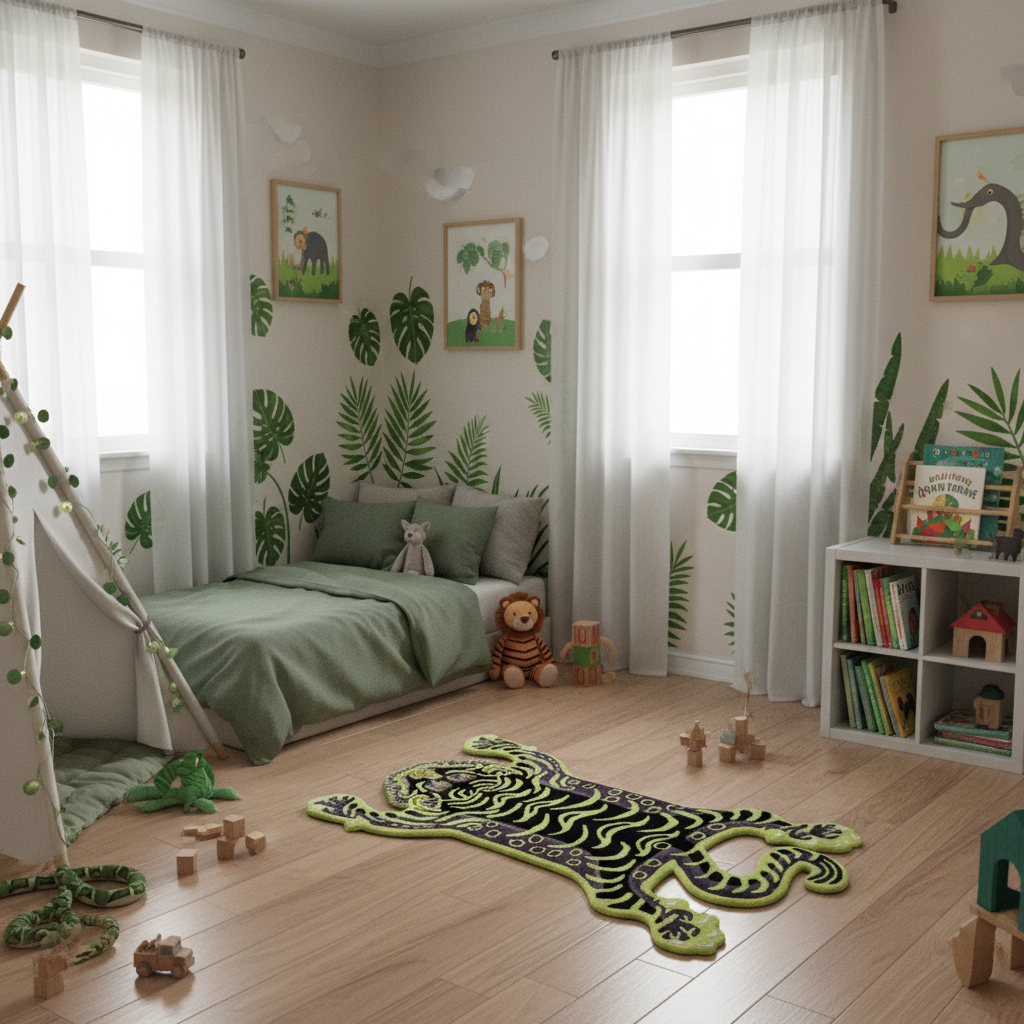 Green Tibetan Tiger Accent Hand Tufted Wool Rug