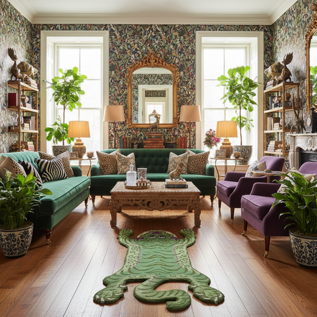 A stylish Green Tibetan Tiger Accent Wool Rug, ideal for enhancing any dining room with its unique design. This vintage area rug features a striking tiger motif, perfect for those seeking formal dining room rugs that add a touch of exotic flair. Crafted from high-quality wool, this dining room area rug offers both durability and a bold aesthetic.