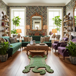 A stylish Green Tibetan Tiger Accent Wool Rug, ideal for enhancing any dining room with its unique design. This vintage area rug features a striking tiger motif, perfect for those seeking formal dining room rugs that add a touch of exotic flair. Crafted from high-quality wool, this dining room area rug offers both durability and a bold aesthetic.